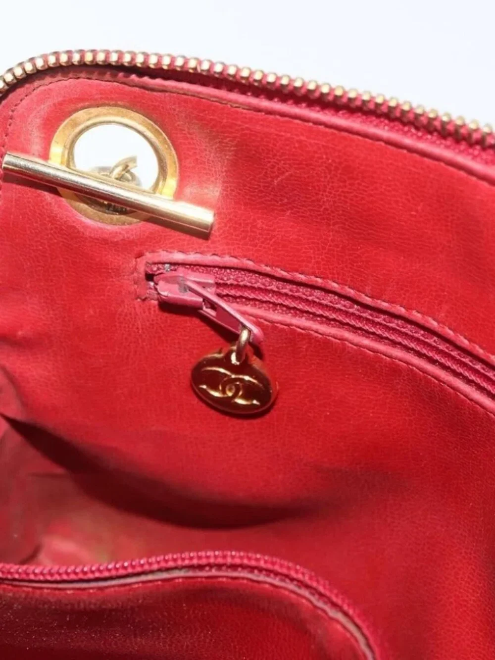 CHANEL Matelasse Chain Shoulder Bag Lamb Skin Red Gold CC Auth 176873